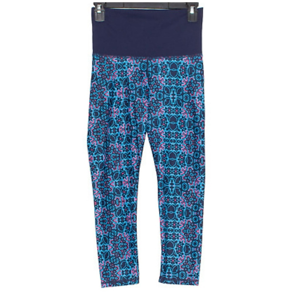 Fabletics Capri Leggings Women Small Blue Geo Foldover High Waist Yoga Athletic